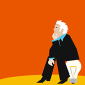 graphic man sitting on light bulb and thinking