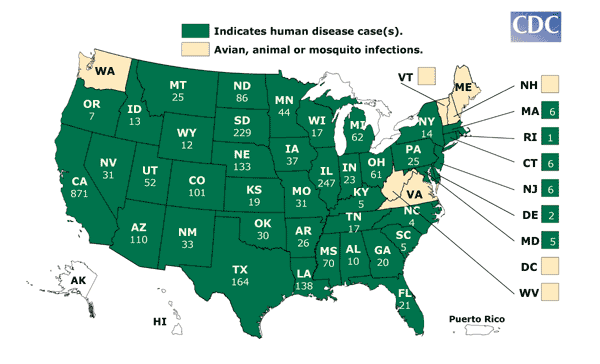 CDC map of west nile virus cases for 2005